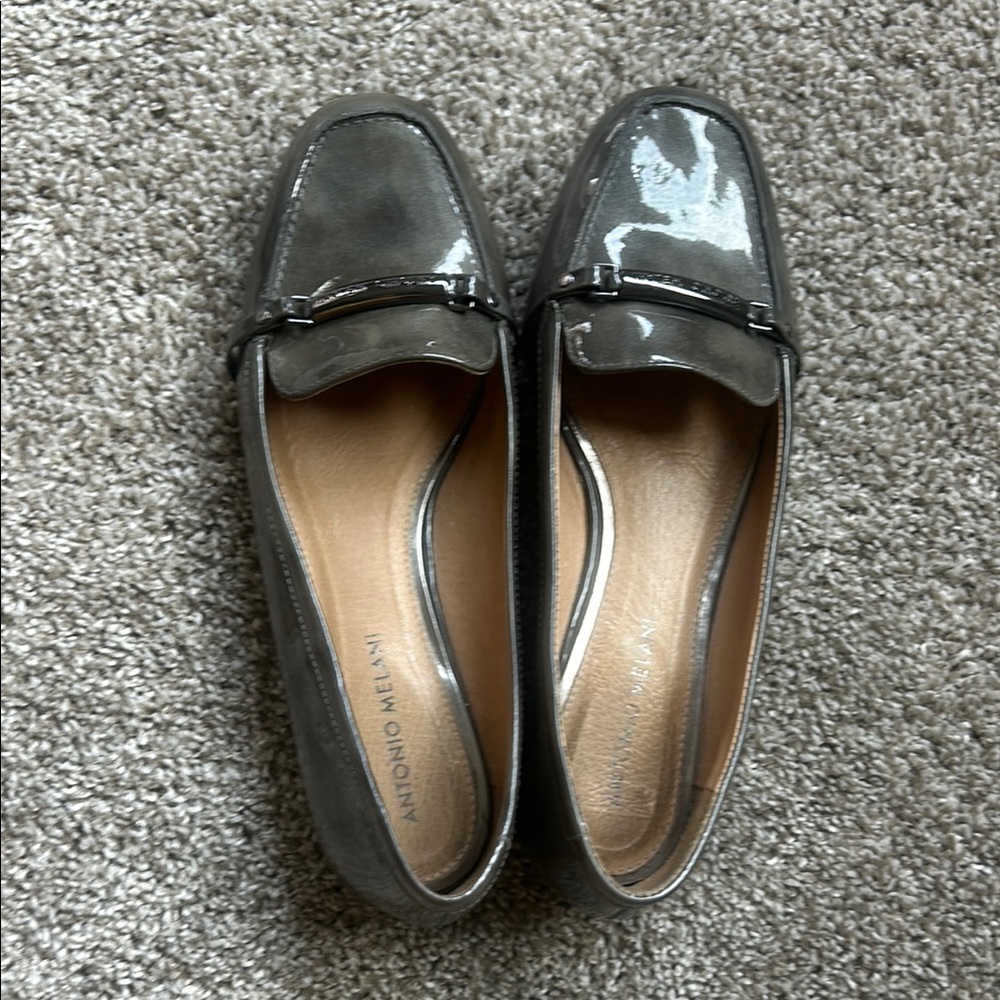 ANTONIO MELANI Gray Patent Leather Loafers with Horsebit Detail